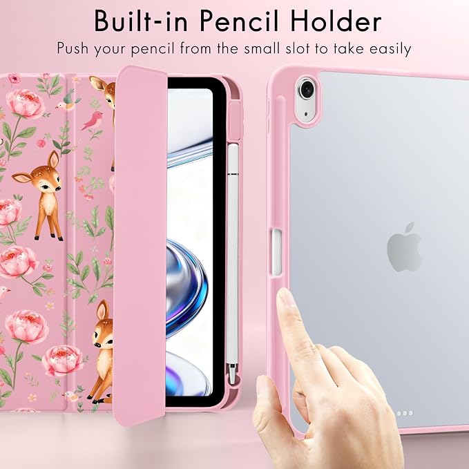 Cute Deer Fawn Rose Flowers Case for iPad 9th/8th/7th Generation | Cute Designs Cover for iPad 10.2 2021/2020/2019 Gen with Pencil Holder | Slim Clear Acrylic Back Auto Sleep/Wake Shell