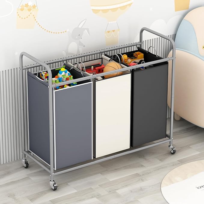 LINZINAR 3-Bag Laundry Basket Sorter Laundry Hamper Cart with Heavy Duty Rolling Lockable Wheels and Removable Bags (Assorted)