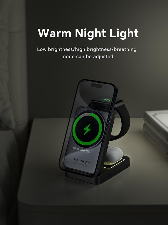 MALOM W91 3-in-1 Multifunctional Wireless Magnetic Charger for iPhone Apple Watch AirPods Foldable Nightlight (Black)
