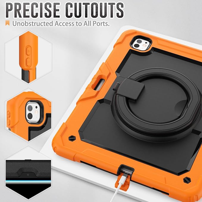 for iPad Pro 11 inch Protective Case M5 2025/M4 2024: Heavy Duty Shockproof Case with Pencil Holder - 360°Rotating Handle/Stand - Screen Protector - Shoulder Strap Black/Sky Blue