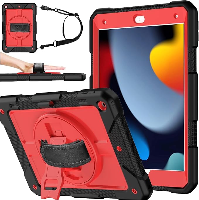 BMOUO for iPad 9th/8th/7th Generation Case 10.2 Black | Shockproof Rotating Stand Shoulder Hand Strap iPad 9th/8th/7th Generation Case with Pen Holder for iPad 10.2“ 2021/2020/2019