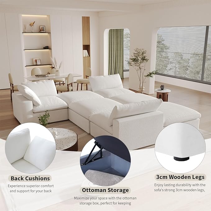 Cloud Modular Sectional Sofa with Storage Ottoman,120.45" L Shaped Couch for Living Room,Down Filled Convertible Couch Deep Seat for Office Apartment,Covers Washable&Replaceable,White