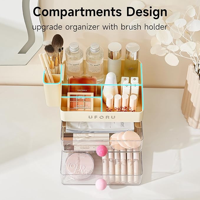 Makeup Organizer for Vanity with Brush Holder, Countertop Organizer with 2 Drawers, Spacious Cosmetic Display Case for Beauty Essential, Skincare, Lipstick