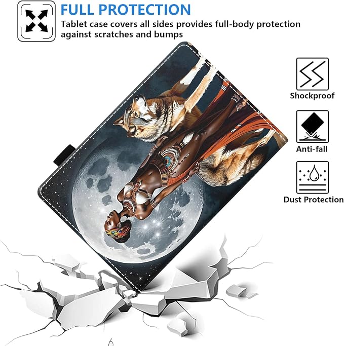 Case for Amazon Fire HD 8/HD 8 Plus Tablet (8 12th/10th Generation 2024/2022/2020 Release) Slim PU Leather Stand Folio Cover with Auto Wake Sleep African Woman Wolf