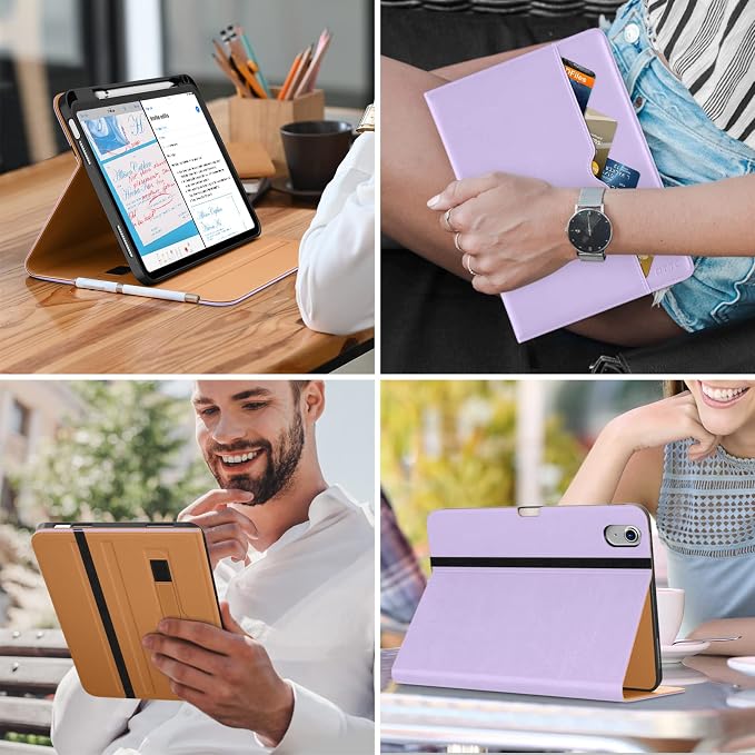 DTTO for iPad (A16) 11th Generation 11-inch &amp 10th Gen Case Brown | Premium Leather Business Cover with Pencil Holder Hand Strap &amp Pocket Corner Protection Auto Sleep/Wake for Work &amp