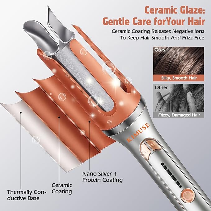 KIMUSE Automatic Rotating Curling Iron, 1.25 Inch - 4 Temp, Fast Heating, 2-Way Rotation, Anti-Scald & Tangle-Free, 30Min Auto Shut-Off, Dual Voltage for Travel, for All Hair Types & Beginners