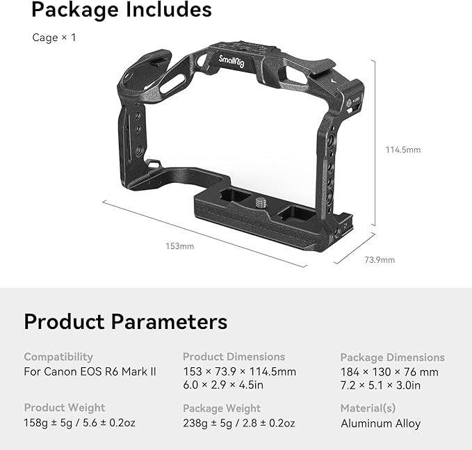 SmallRig“Black Mamba”Camera Cage for Canon R6 Mark II and R6 Mark III,Quick Release Plate for Arca-Type, Film Movie Making Camera Video Cage with Shoe Mount, 1/4''-20 & 3/8''-16 Threaded Holes