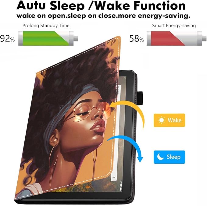 Case for Amazon Kindle Fire HD 10 Tablet 10.1 (9th/7th Generation 2019/2017 Release) - PU Leather Folio Case with Smart Auto Wake/Sleep African American Girl