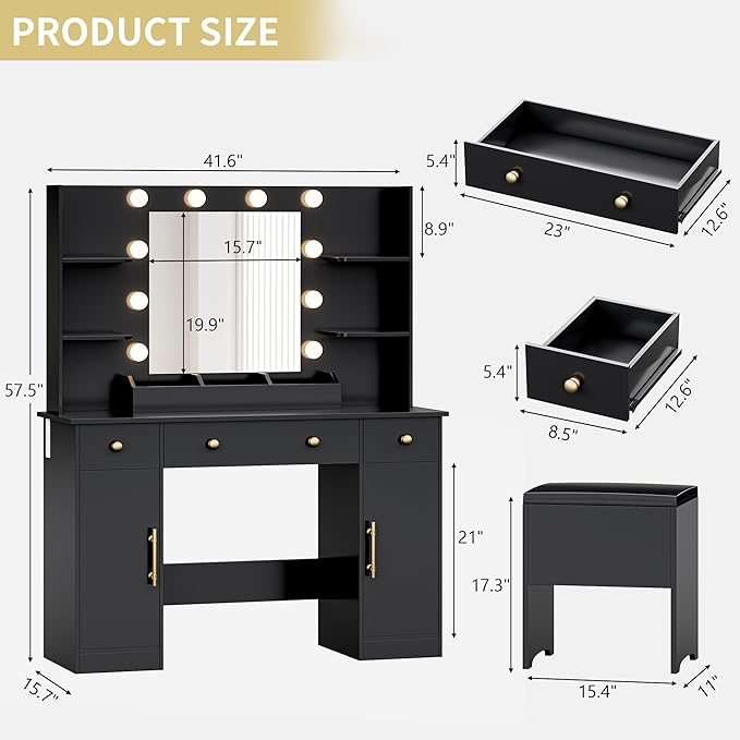 Vanity Desk with Mirror and Lights, 43'' Black Makeup Dressing Table Set with 5 Drawers & Chair, Power Outlet, 3 Lighting Modes Adjustable Brightness & RGB LED for Women Girls Bedroom Bathroom