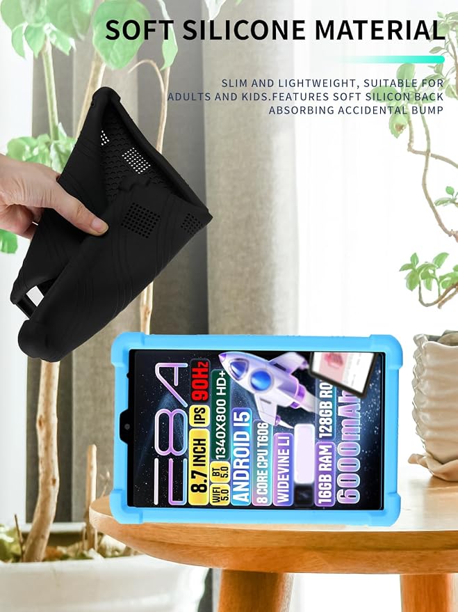 Case for Zuleisy E8A Android 15 Tablet 8.7 inch，WUNIAK Shock Proof Lightweight Stand Rubber Shell Protective CoverKids Friendly Soft Silicone Adjustable Stand CoverBlack