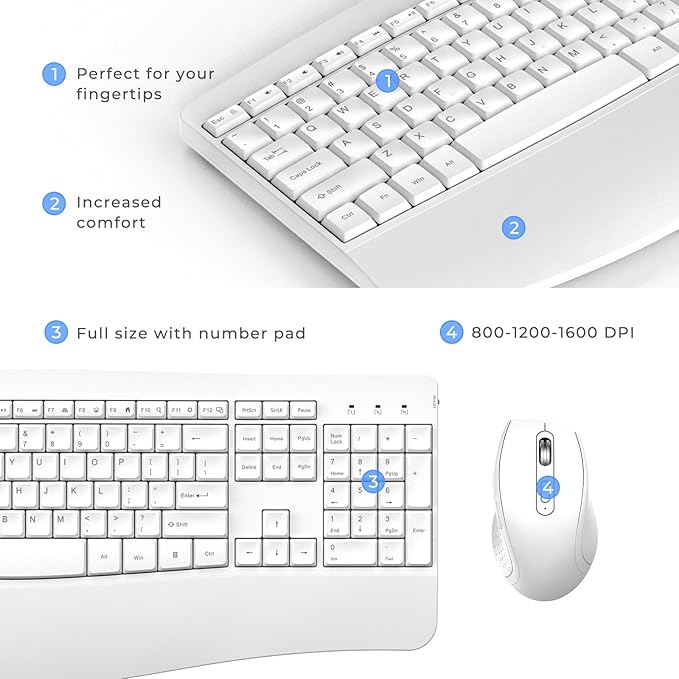 Ergonomic Keyboard and Mouse Combo - Full Size Keyboard Cordless with Palm Wrist Rest Ergonomic Mouse Wireless for Windows Computers Laptops - White(Upgrade)