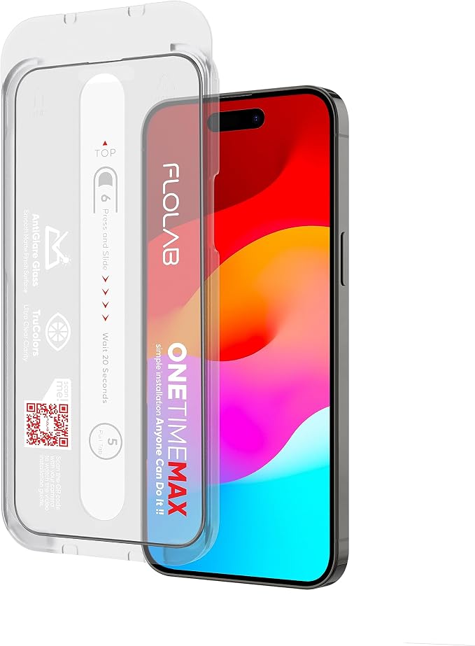 FLOLAB NanoArmour ONETIME MAX for iPhone 14 Pro / 15 Screen Protector Anti Glare Military-Grade Tempered Glass - Reinforced Edge Durable Smooth Easy to Install Guaranteed. (Dust Free)
