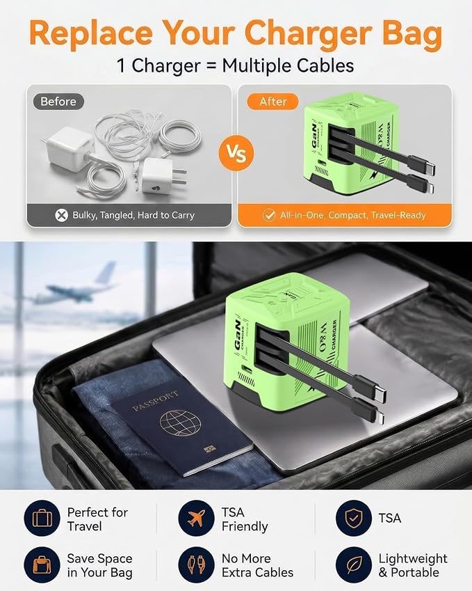 W &amp O 60W GaN Fast Charger Wall Plug Built-in Retractable USB-C &amp L Cables | Retractable Wall Charger with 47.2 Cables One Pull Charging No Cable Mess Solution for iPhone 17/16/15 Galaxy