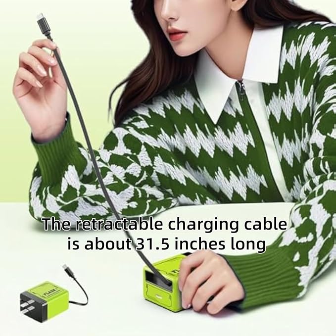 2-in-1 Compatible Fast Charger Fast Charger Module with Type-C Cable Retractable Phone Wall Plug for Phone and Laptops (Green)