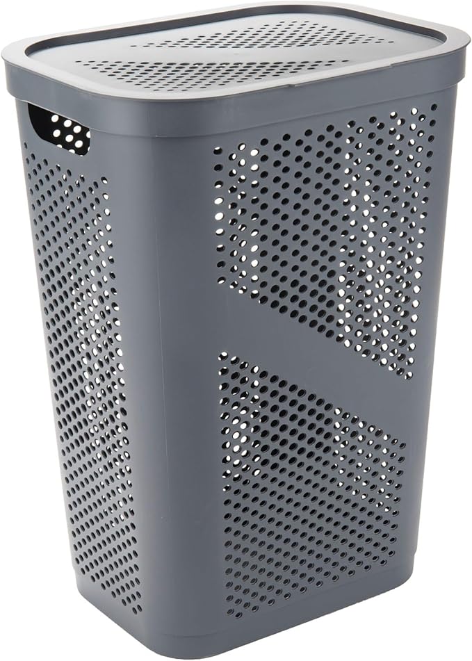 Mind Reader 60L Slim Laundry Hamper, Clothes Basket, Lid, Ventilated, Plastic, Set of 2, Gray