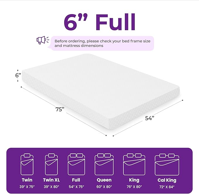 GAESTE 6 Inch Full Cooling Memory Mattress Medium Firm CertiPUR-US Certified Foam, Pressure Relief & Cool Sleep Mattress-in-a-Box Comfort & Supportive Fiberglass Free (Full, 6 in)