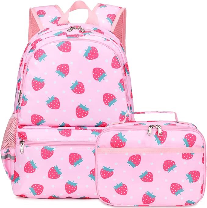 DSIUE Kids Backpack for Girls Elementary BookBags Teens School Backpack with Lunch Box Strawberry Pink