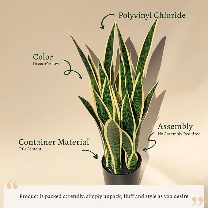 KOL 3ft Artificial Snake Plant, Fake Sansevieria Potted Floor Plants, 32 Lifelike Faux Leaves, Indoor Home Office Room Decoration, Mother-in-Law Tongue, 35in, Yellow