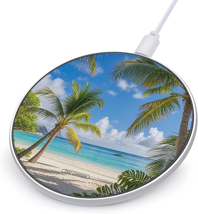 Tropical Palm Tree Hawaii Beach Wireless Charger Portable Fast Charging Pad Lightweight Wireless Charging Pad 10W Slim Charging Station for Phone Charger Mat for Travel Home Office Desk