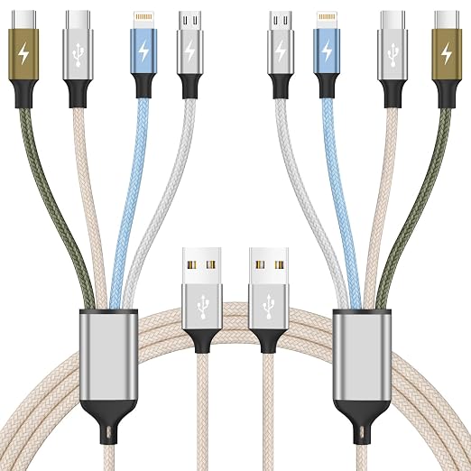 4 in 1 Multi Charging Cable 2 Pack 6FT Charging Cords for Devices | Nylon Braided USB C Car Charger Cable with Dual USB-C IP &amp Micro Ports Long Travel Charging Cord for Cars