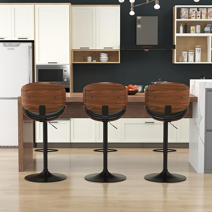 KCC Bar Stools Set of 2, Swivel Adjustable Height Barstools, PU Leather Upholstered Bar Chairs with Footrest, Bentwood Bar Stool for Kitchen, Bar, Dining Room(Black PU)