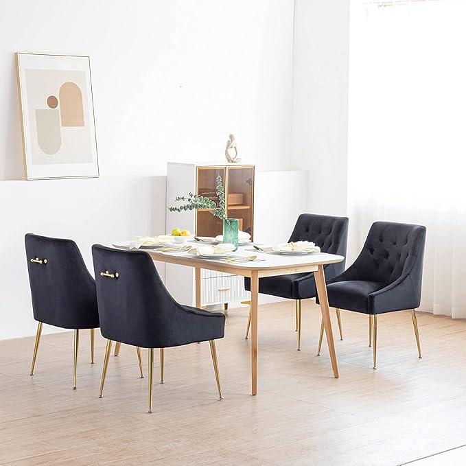 Modern Dining Chair Set of 6, Mid-Century Room Chair, Upholstered Comfortable Velvet with Back Pull Rod and Metal Legs for Kitchen, Dining, Living (Black), (DYXSD)