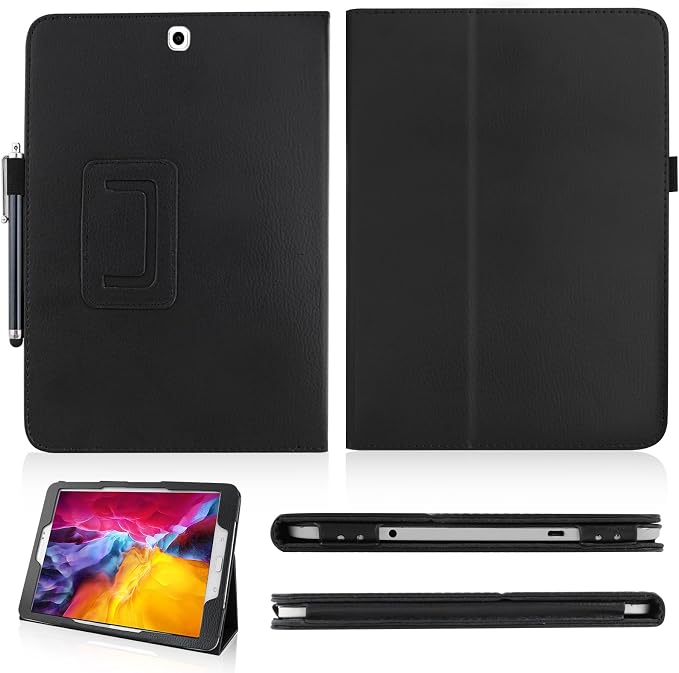 Slim Leather Case for Samsung Galaxy Tab A 9.7 Inch 2015 (SM-T550 T555 P550 P555) Multi-Angle Stand Full-Protective Tablet Cover Book Case with Stylus PenScreen Film (Black)