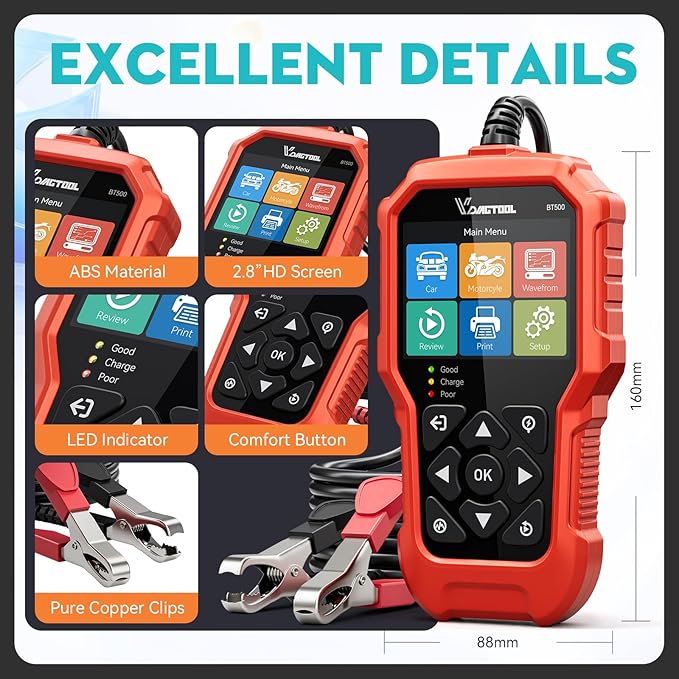 Car Battery Tester 6V 12V 24V VDIAGTOOL BT500, 5-3000 CCA Battery Load Tester, Starter Alternator Tester Automotive Charging Cranking System Analyzer for Car Truck Motorcycle SUV ATV Boat