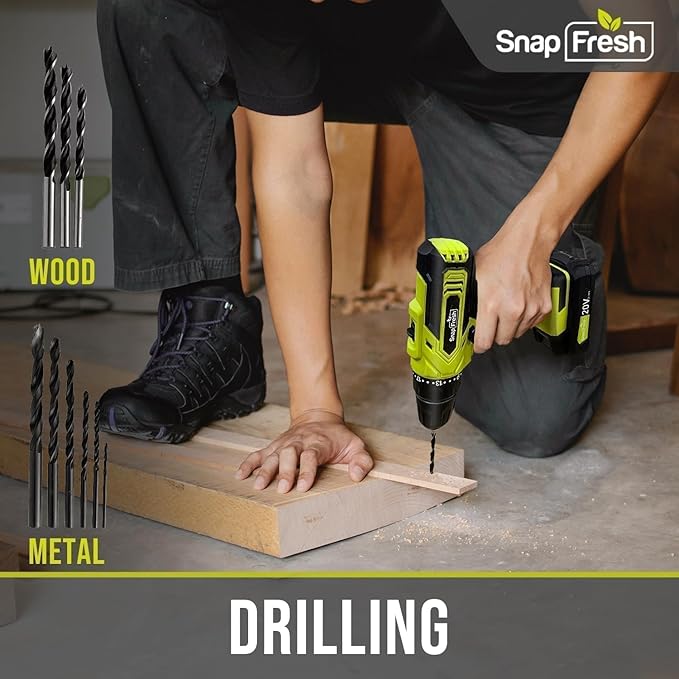 SnapFresh Cordless Drill, 20V Power Drill Set with 2 Variable Speed, 21+1 Torque Setting, Lightweight, LED, 43pcs Drill Bits, Impact Drill Set for Home, DIY (Battery & Charger Not Included)