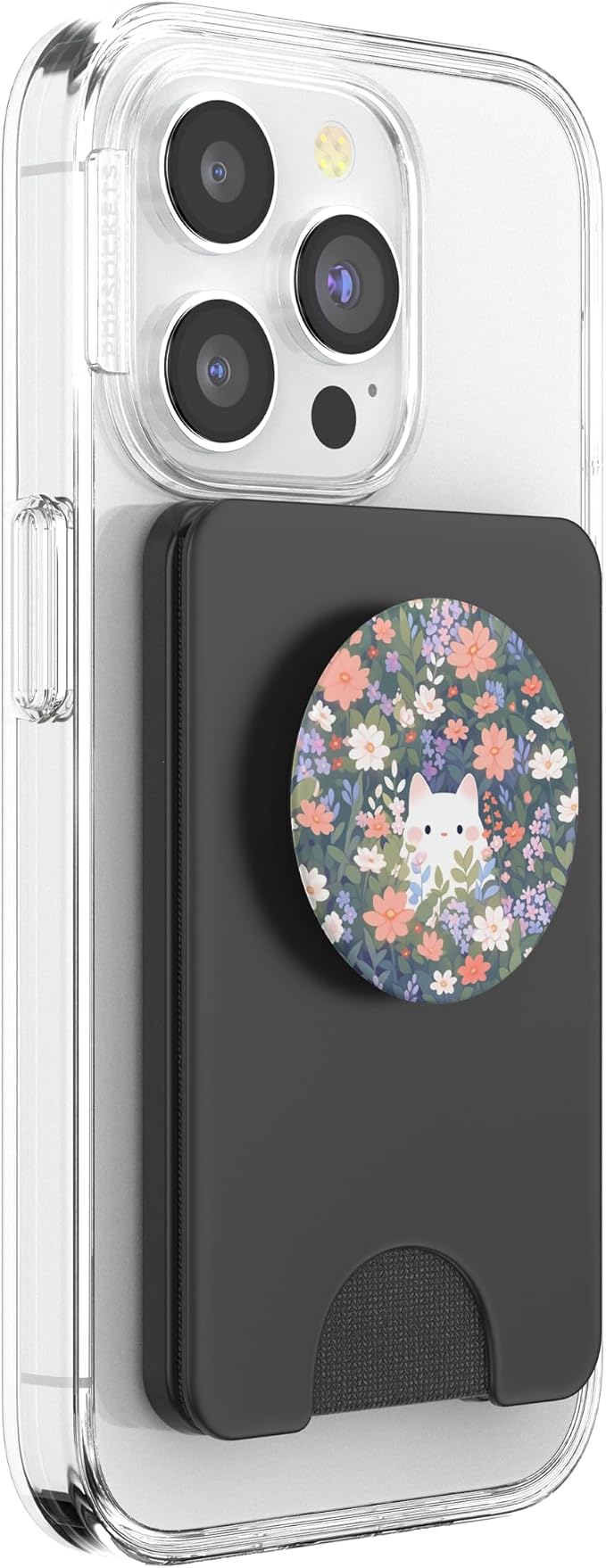Cute White Cat Hiding in Spring Flowers Botanical Floral PopSockets Adhesive PopGrip