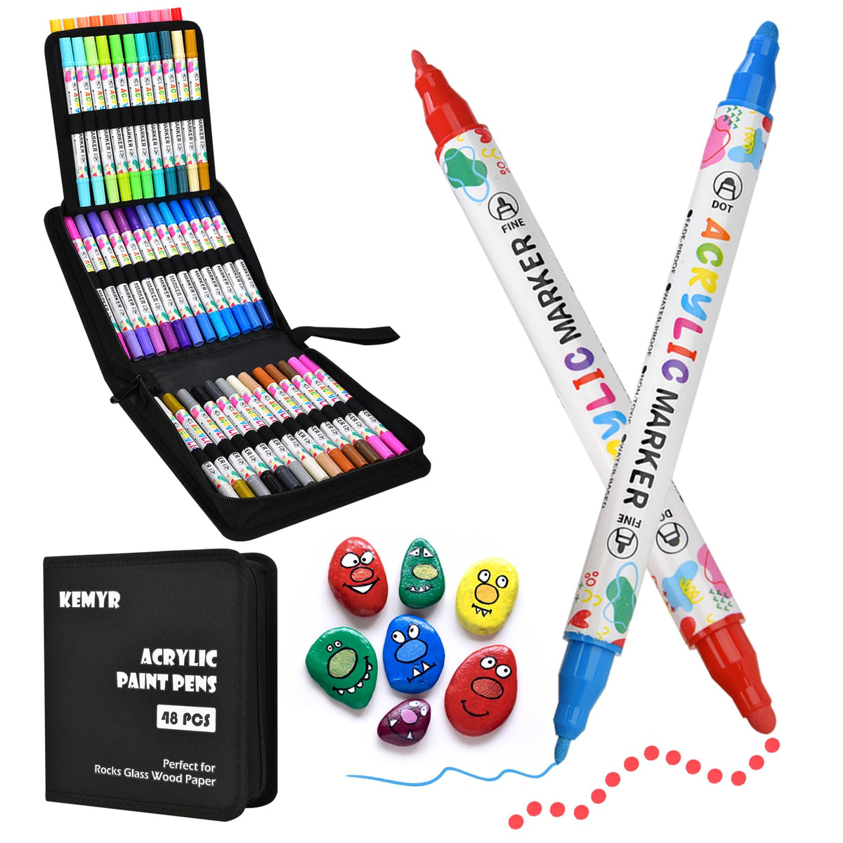 KEMYR 120 Colors Acrylic Paint Pens, Dual Tip Acrylic Paint Markers for Paper, Wood, Canvas, Stone, Rock Painting, Glass, Fabric, DIY, Ceramic, Art Supplies for Adults Drawing (Dot + Fine)