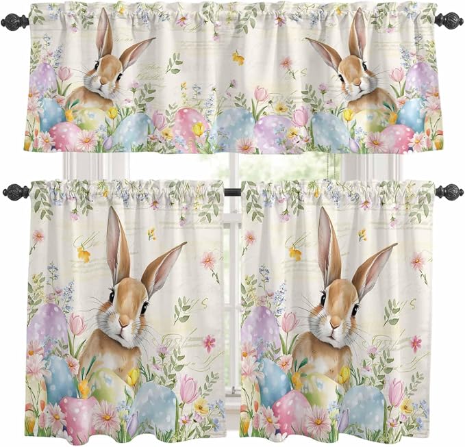 Kitchen Curtains Tiers and Valance Set of 3, Easter Light Filtering Window
