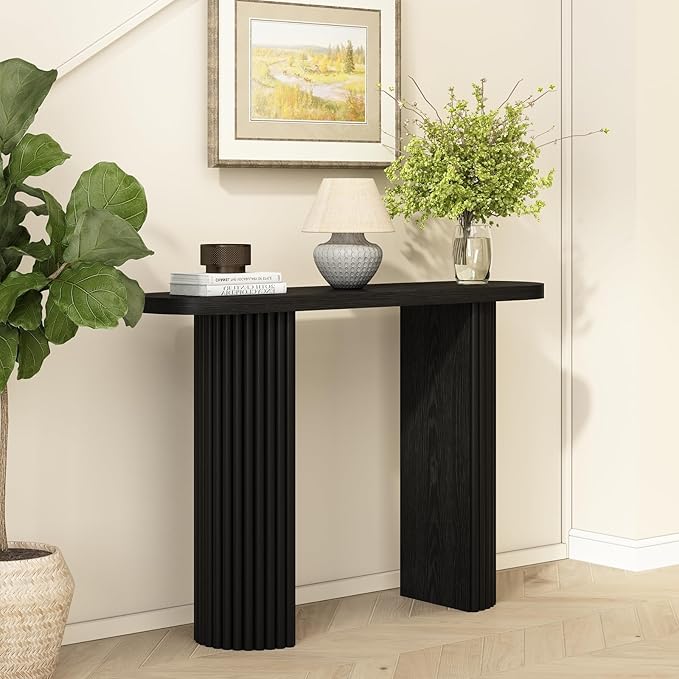 Fluted Console Table with Solid Wood Legs, 39.2" Farmhouse Entryway Table with Rounded Corners, Morden Sofa Tables Behind Couch for Foyer, Entrance, Living Room, Hallway, Black