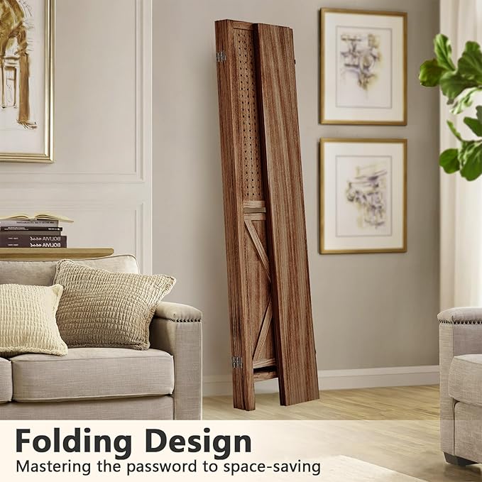 Aleesing 4 Panel Pegboard Display with 16 Hooks, Wooden Pegboard Room Divider Wall with Shelf, Partition Room Dividers and Folding Privacy Screens, Bedroom, Jewelry Store, Brown