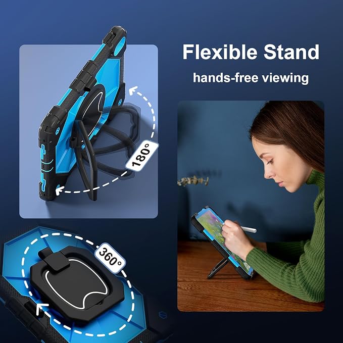 Case for iPad (A16) 11th/10th Gen 11''/10.9'' 2025/2022 with 360° Rotating Stand Screen Protector Shoulder Strap &amp Pencil Holder﻿ (Black-Blue)