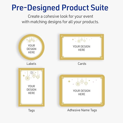 Avery Printable Christmas Adhesive Name Badges, Rectangle, 2-1/3" x 3-3/8", Pre-Printed Metallic Gold Hanging Ornaments Design, Matte White, Laser & Inkjet Compatible, 80 Total