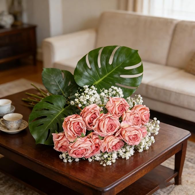 Kimura's Cabin 12pcs Pink Artificial Rose Flowers with Stems Realistic Vintage Fake Roses Bouquet for Home Table Centerpieces Wedding Party Arrangements Decoration Dried Flower (Pink