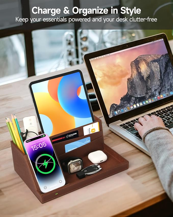 Fast Wireless Charging Station with Desk Organizer for iPhone 17/16/15/15 Pro/14/14 Pro Max/14 Pro/14 Plus/13/13 Pro Max/13 Pro/and iPhone 12/11 Series Nightstand Desktop Organizer for Home Office