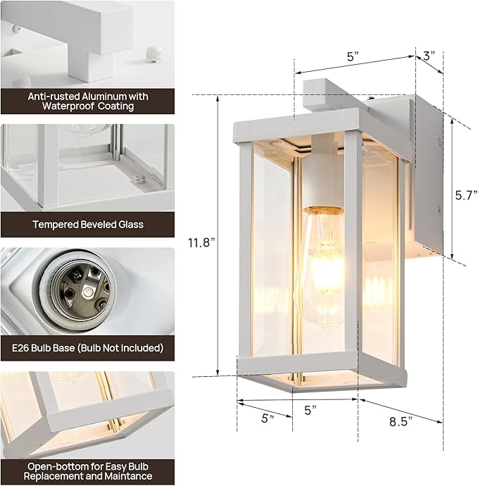 JOKAONOTL Dusk to Dawn Porch Lights with GFCI Outlets Waterproof Outdoor Wall Lights Exterior Lighting Fixtures Modern Outside Lights Wall Mount for House Patio Garage,White,11.8''H,1PC