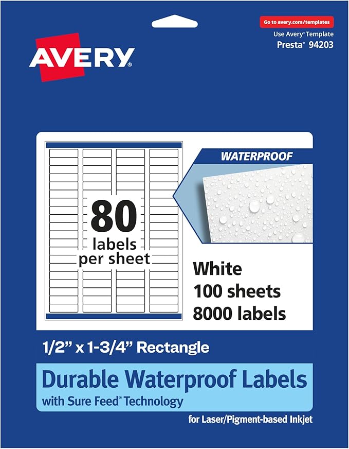 Avery Durable Waterproof Rectangle Labels, Sure Feed Technology, 0.5" x 1.75", 8,000 Total, Oil and Tear-Resistant, Waterproof, Laser/Pigment-Based Inkjet Printable