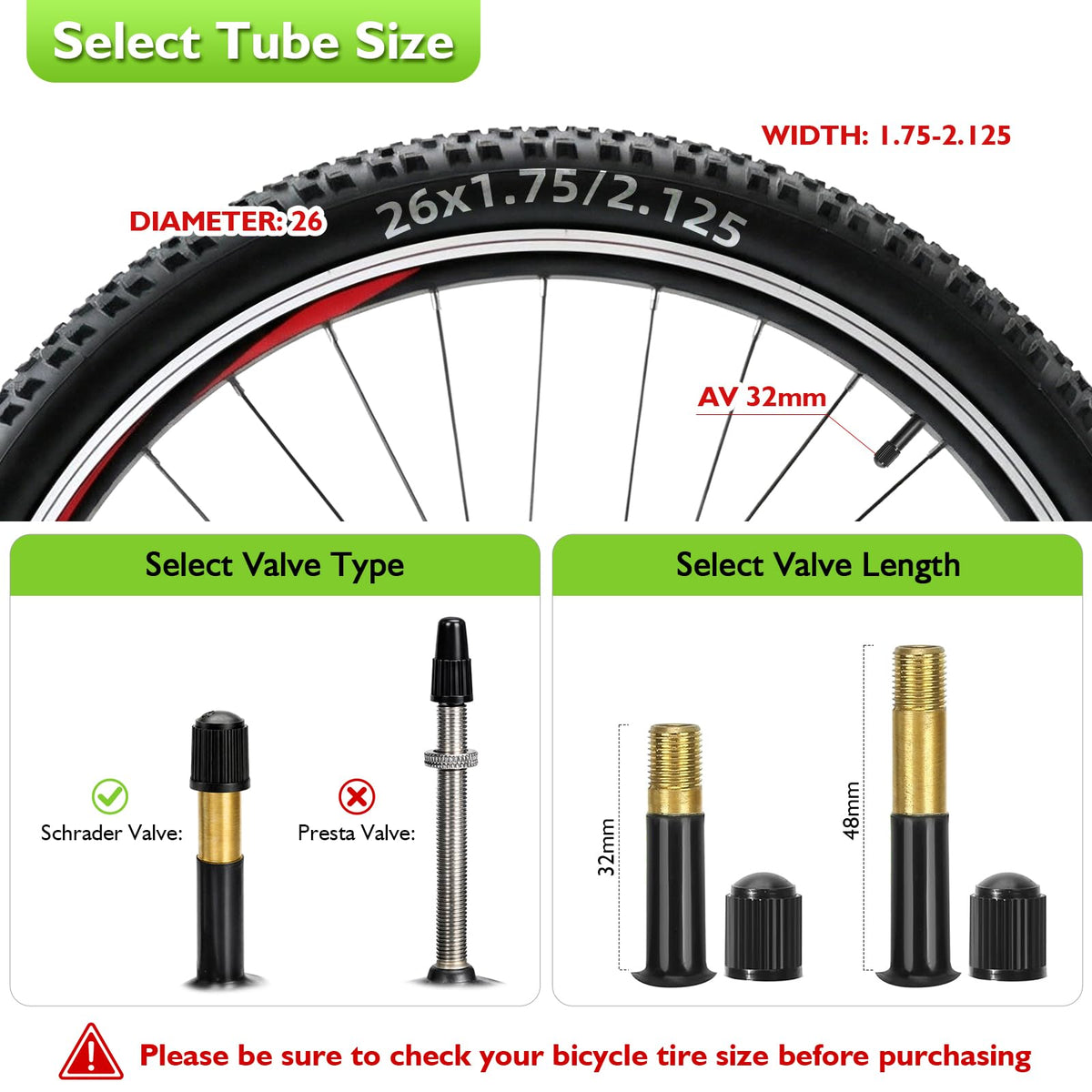 BEAUGIREW 2 Pack 26" Bike Tubes 26 x 1.75/2.125 AV 48mm Schrader Valve Bicycle Tubes Compatible with 26x1.75 26x1.90 26x2.0 26x2.126 26x2.125 Inner Tubes