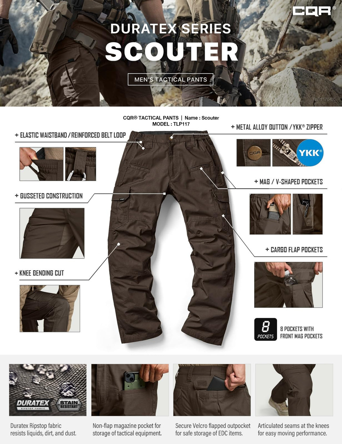 CQR Men's Tactical Pants, Water Resistant Ripstop Cargo Pants, Lightweight EDC Work Hiking Pants, Outdoor Apparel, Raider Dark Brown, 32W x 30L