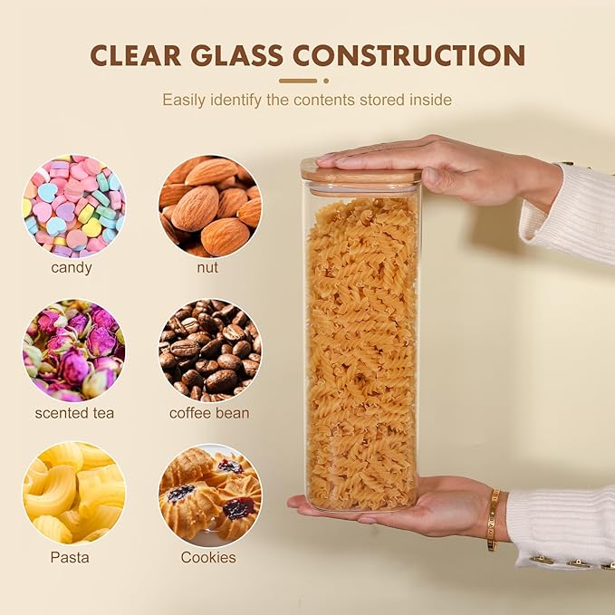 Glass Food Storage Jars 76 oz Set of 3,Glass Storage Containers Clear Glass Food Canister with Bamboo Lid Airtight For Serving Tea, Coffee, Flour, Sugar, Candy, Cookie, Spice and More (Square)
