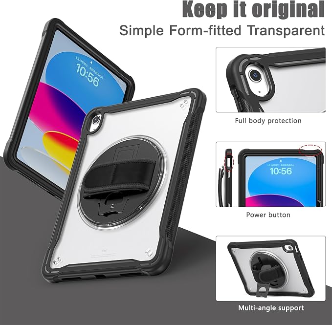Case for iPad (A16) 11th/10th Generation 2025/2022 11/10.9 inch Rugged Shockproof Protective Cover with Screen Protector 360° Rotating Hand Strap&ampStand Pencil Holder Black