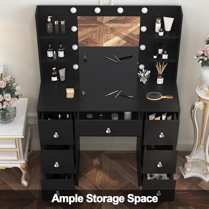 JBLCC Black Vanity Desk with Mirror and Lights, 39.4''W Makeup Vanity with 3-Color Lighted Mirror, 7 Drawers & Open Shelves, Big Vanity Table for Bedroom, Girls & Women