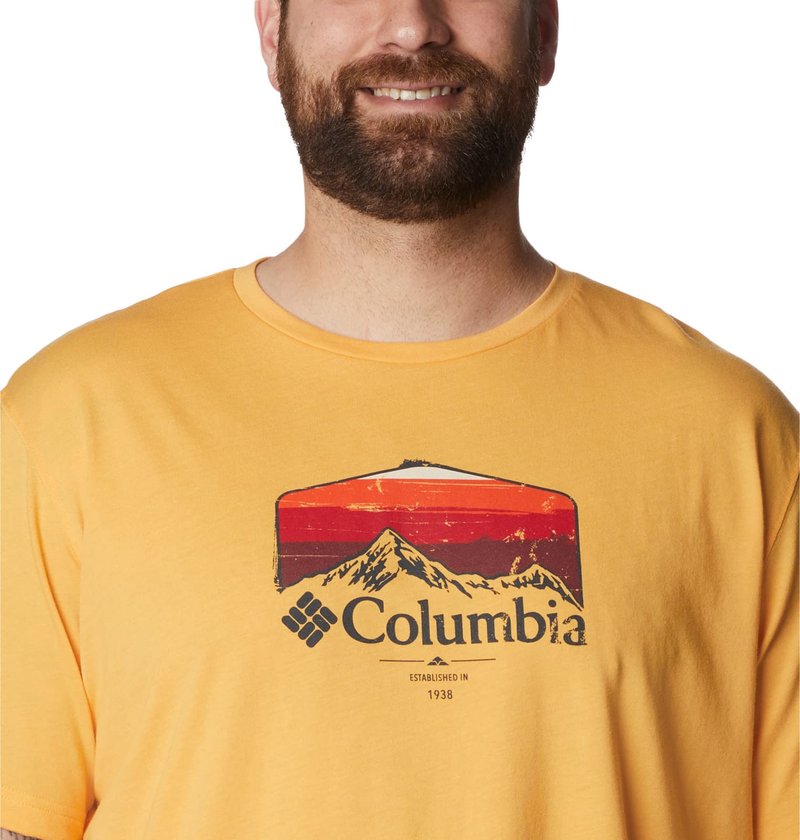 Columbia Men's Thistletown Hills Graphic Short Sleeve, Mango Heather/Hikers Graphic, 3X Big