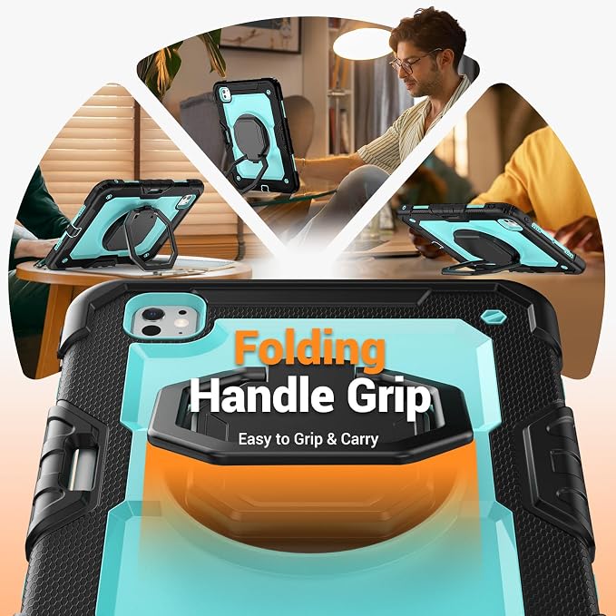 for iPad Pro 11 inch Protective Case M5 2025/M4 2024: Heavy Duty Shockproof Case with Pencil Holder - 360°Rotating Handle/Stand - Screen Protector - Shoulder Strap Black/Sky Blue