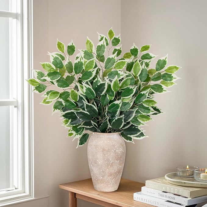12PCS Ficus Leaves Artificial Branches 24" Faux Ficus Greenery Tree Branches Fake Ficus Leaves Sprays for Tree DIY Arch Wedding Wall Decor - Green & White