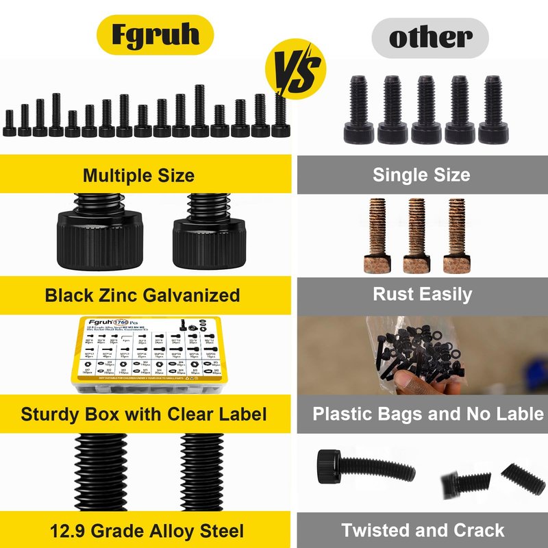 Fgruh 1760PCS Metric Screw Assortment Kit,M2 M3 M4 M5 Screws Set, Hex Socket Head Cap Bolts Nuts and Washers Kit for 3D Printing DIY, Grade 12.9 Alloy Steel, Black Zinc Plated