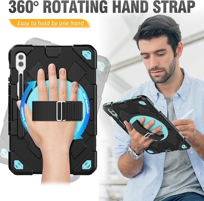 HXCASEAC Case for Samsung Galaxy Tab S10+ Plus / S9 Fe+ / S9+ 5G 12.4 inch Protective with Screen Protector/S Pen Holder/ 360 Rotating Stand Hand Strap - Black